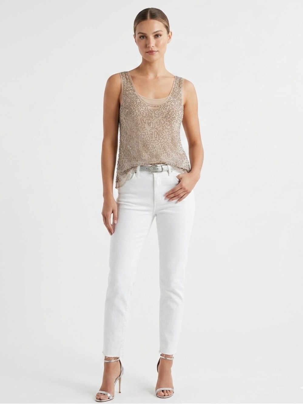 CHAN LUU beige sheer mesh micro net beaded sleeveless top size xs